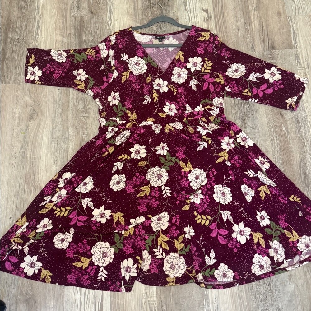 Torrid Size 2 Burgundy Floral Wrap Dress 3/4 Sleeve Skater Plus 18 20